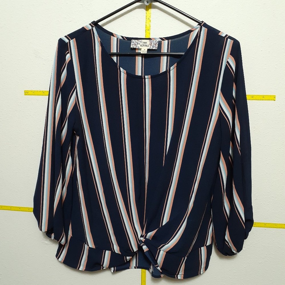 Pink Republic Ribbed Textured Tie Front Long Sleeve Top Size S Blue peach Stripe